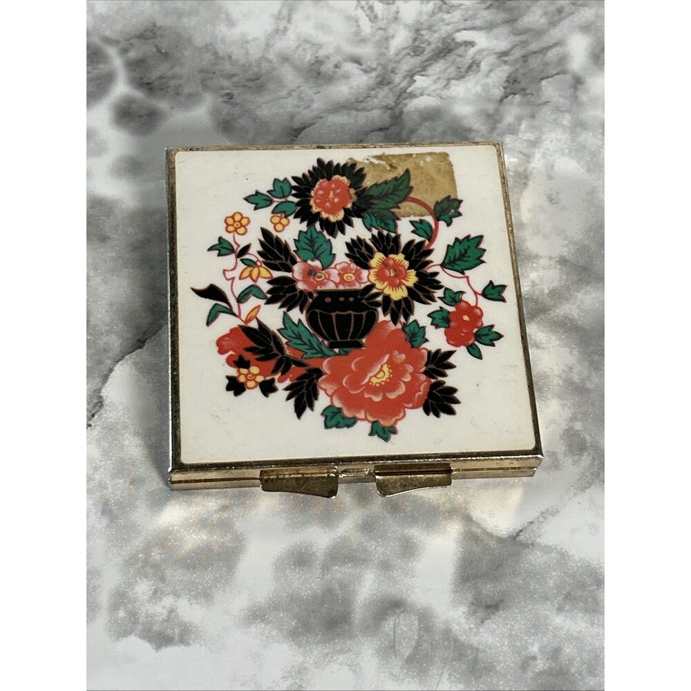 Vintage Pill Box Square Shape 2.25" X 2.25" Flowers Gold Tone #2